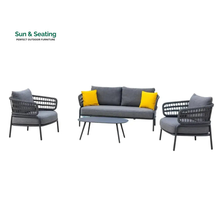 Raelynn Outdoor Rope 4-Piece Patio Sofa Set with Glass Top Table (Grey) Sofa Set