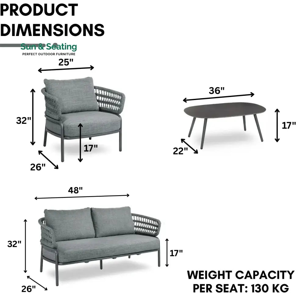 Raelynn Outdoor Rope 4-Piece Patio Sofa Set with Glass Top Table (Grey) Sofa Set