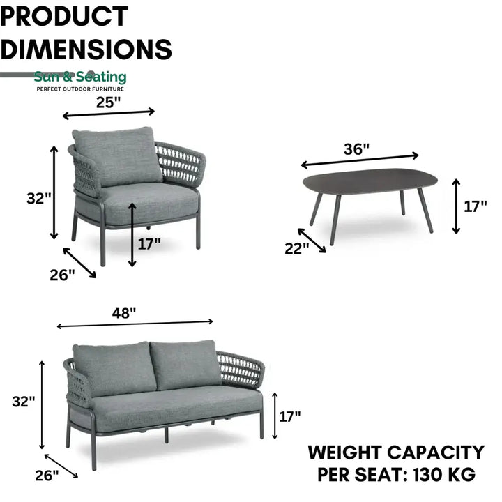 Raelynn Outdoor Rope 4-Piece Patio Sofa Set with Glass Top Table (Grey) Sofa Set
