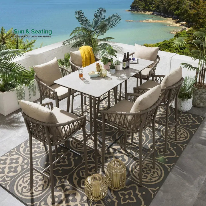 Rafaela Outdoor Patio Bar Set 6 Chairs and 1 Table Set Braided &amp; Rope Beige Bar Sets
