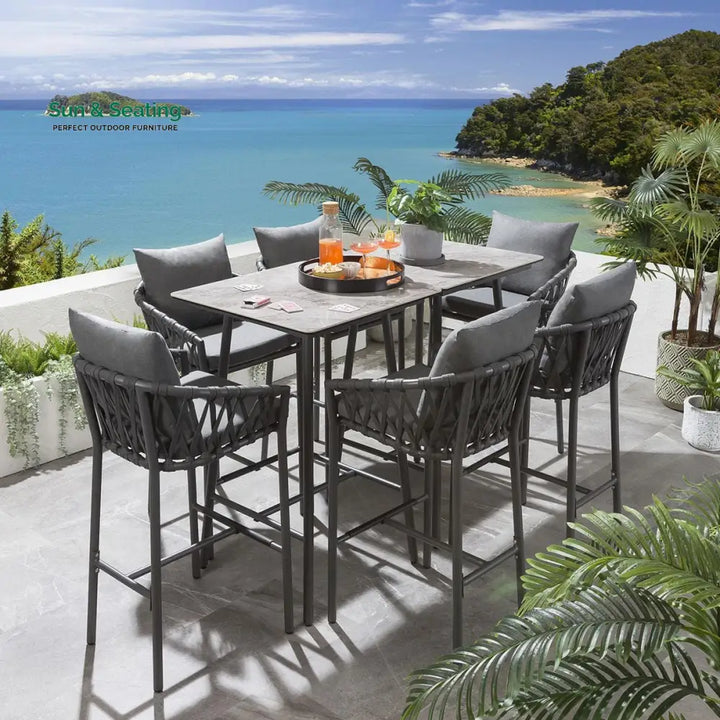 Rafaela Outdoor Patio Bar Set 6 Chairs and 1 Table Set Braided &amp; Rope Grey Bar Sets