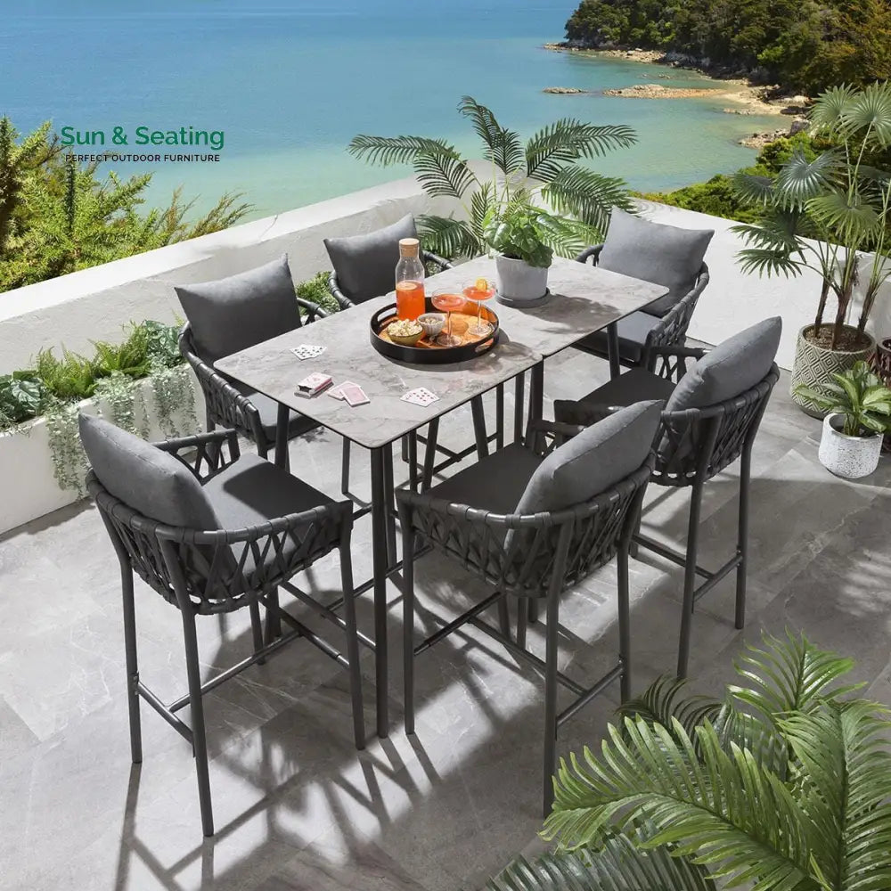 Rafaela Outdoor Patio Bar Set 6 Chairs and 1 Table Set Braided &amp; Rope Bar Sets