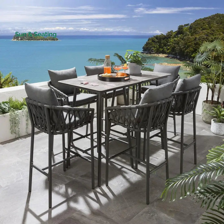 Rafaela Outdoor Patio Bar Set 6 Chairs and 1 Table Set Braided &amp; Rope Bar Sets