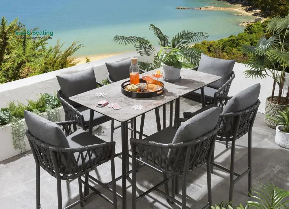 Rafaela Outdoor Patio Bar Set 6 Chairs and 1 Table Set Braided &amp; Rope Bar Sets