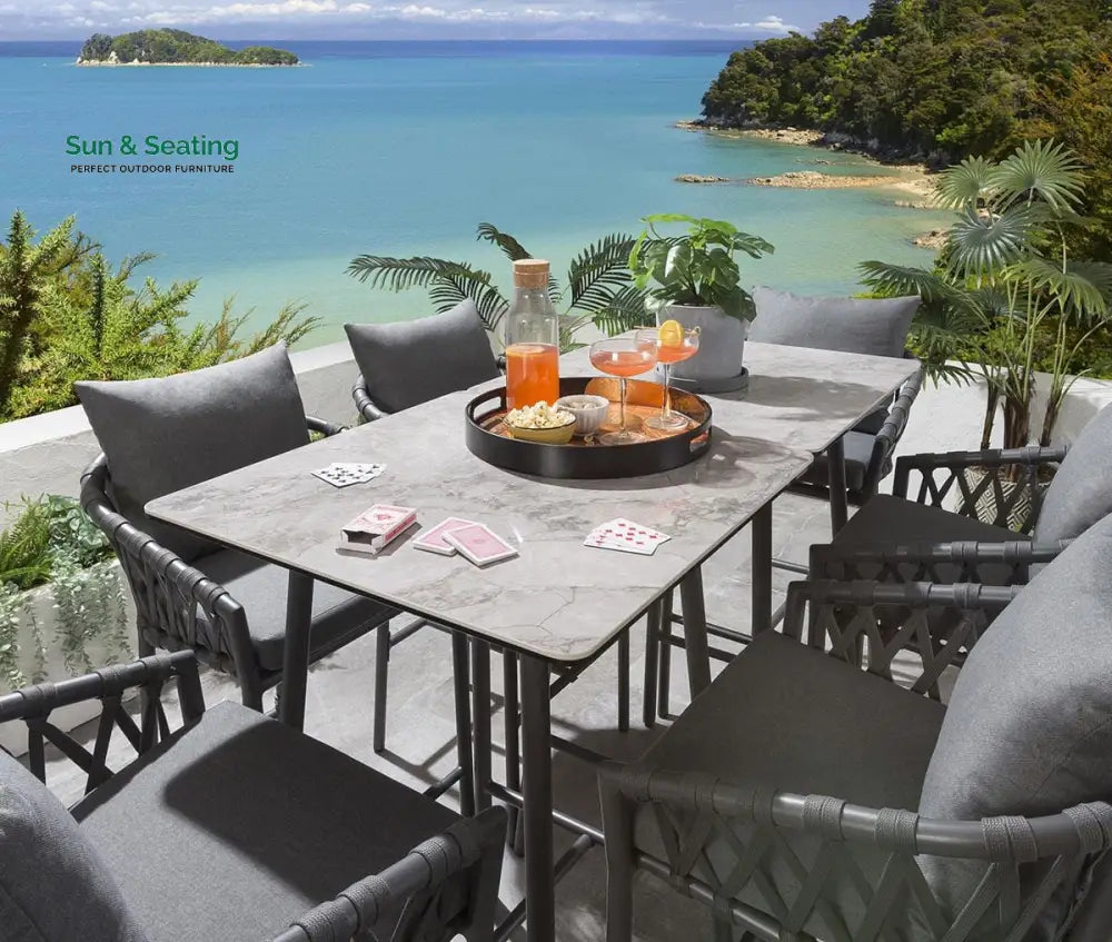Rafaela Outdoor Patio Bar Set 6 Chairs and 1 Table Set Braided &amp; Rope Bar Sets