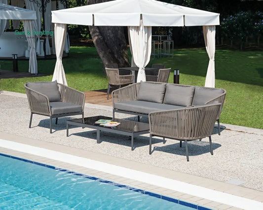 Rafail Outdoor Garden Balcony Sofa Set 3 Seater 2 Single Seater 2 Center Table Set Braid & Rope (Dark Grey) Sofa Sets