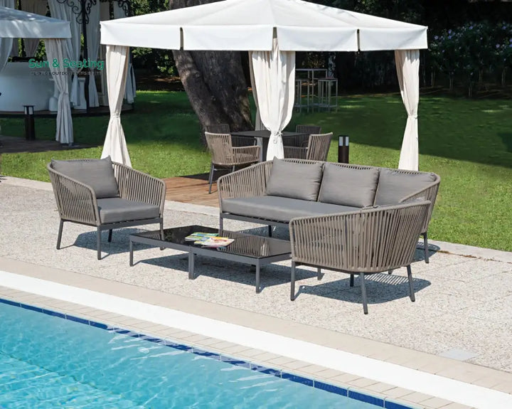 Rafail Outdoor Garden Balcony Sofa Set 3 Seater 2 Single Seater 2 Center Table Set Braid &amp; Rope (Dark Grey) Sofa Sets