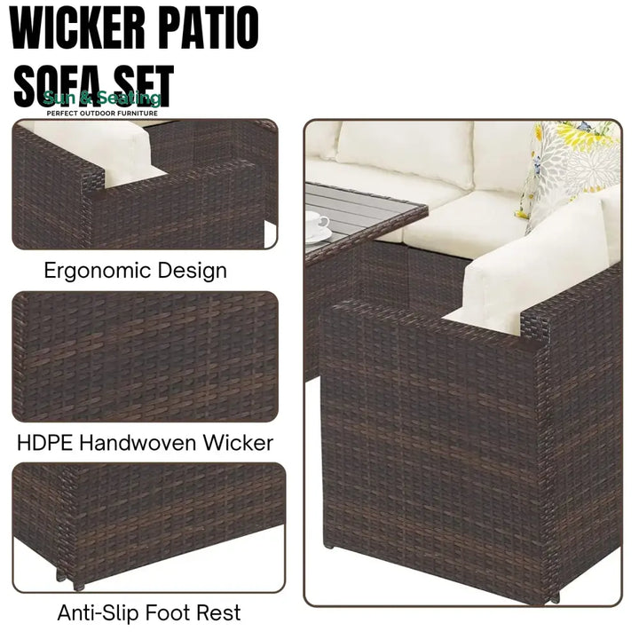 Raffaella 6-Pieces L-Shape Patio Rattan Dining Set Sofa Set
