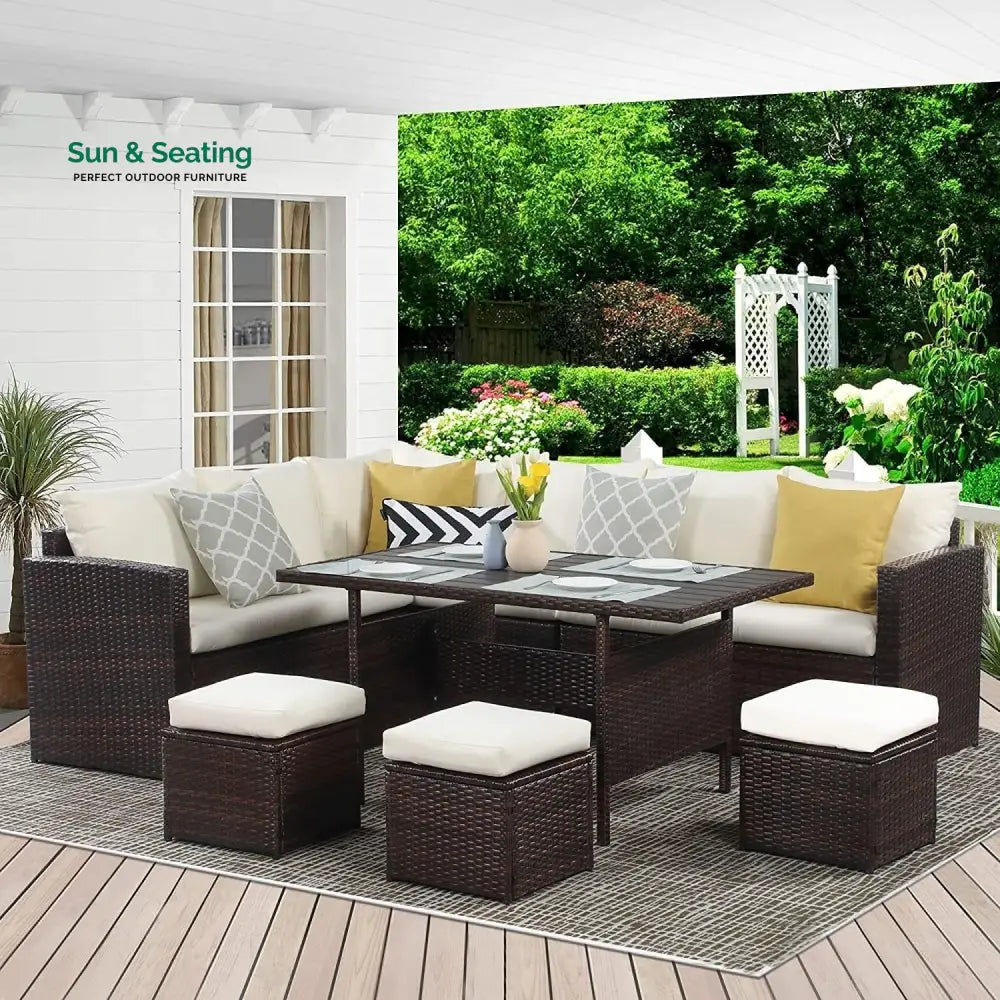 Raffaella 6-Pieces L-Shape Patio Rattan Dining Set Sofa Set