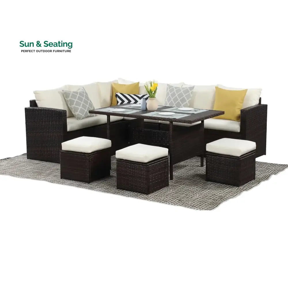 Raffaella 6-Pieces L-Shape Patio Rattan Dining Set Sofa Set