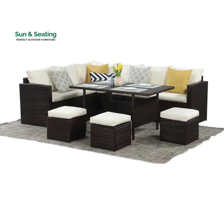 Raffaella 6-Pieces L-Shape Patio Rattan Dining Set Sofa Set