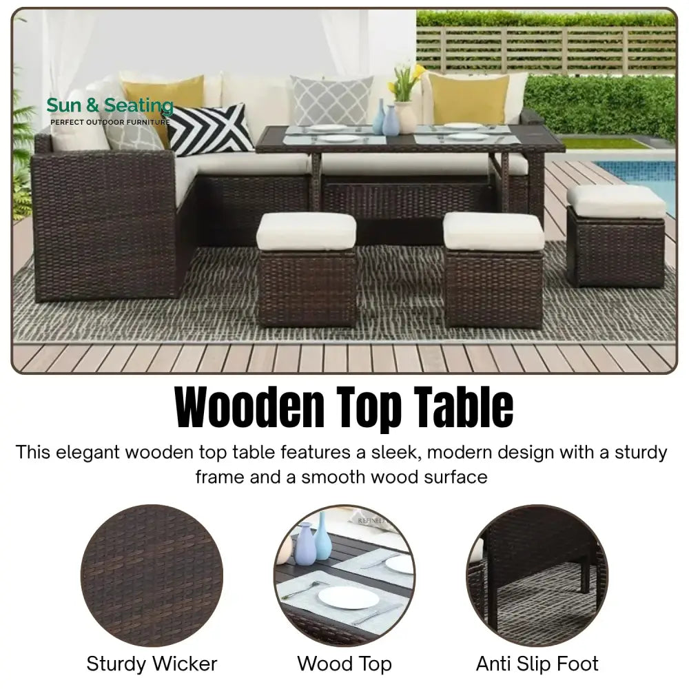 Raffaella 6-Pieces L-Shape Patio Rattan Dining Set Sofa Set