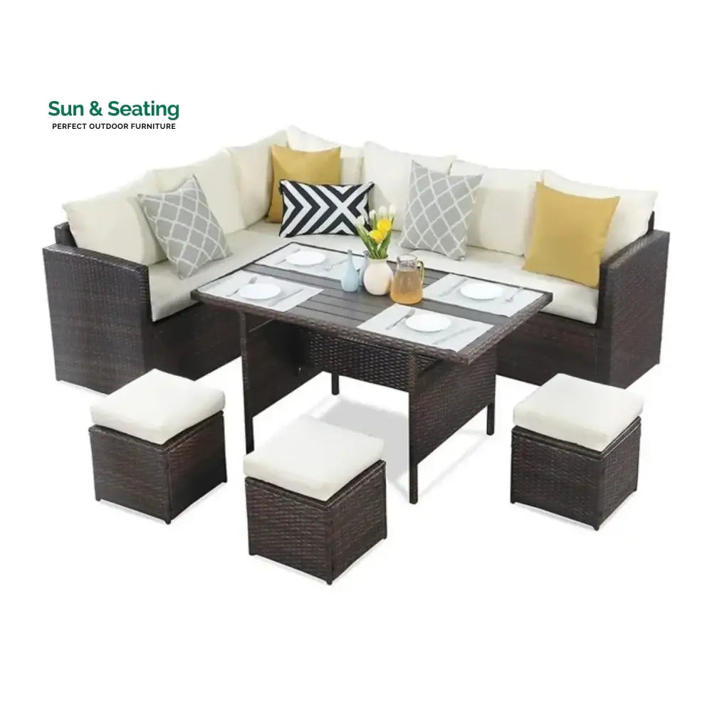 Raffaella 6-Pieces L-Shape Patio Rattan Dining Set Sofa Set
