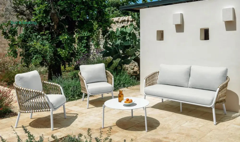 Rambo Outdoor Sofa Set 2 Seater 2 Single seater and 1 Center Table Set (White + Tan) Braided & Rope Sofa Sets