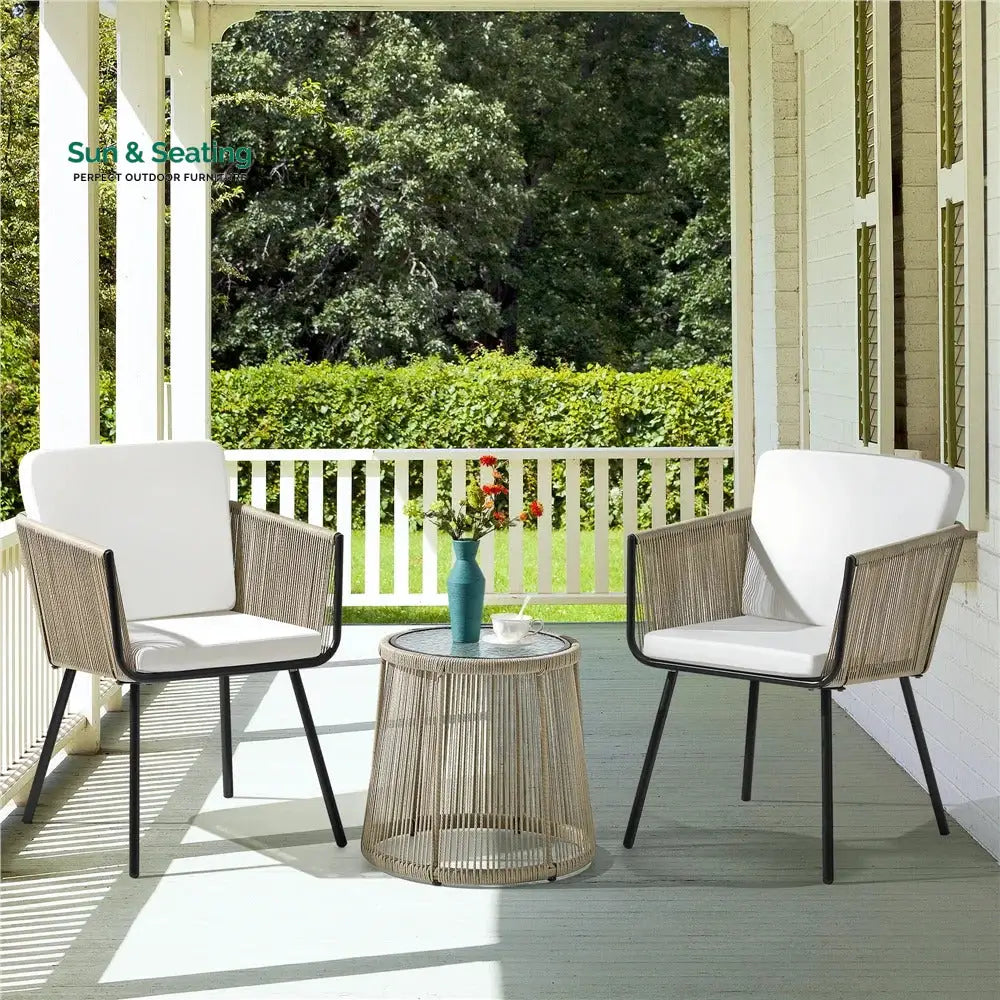 Rapid Outdoor Patio Seating Set 2 Chairs and 1 Table Set (Cream) Braided &amp; Rope Coffee Table Sets