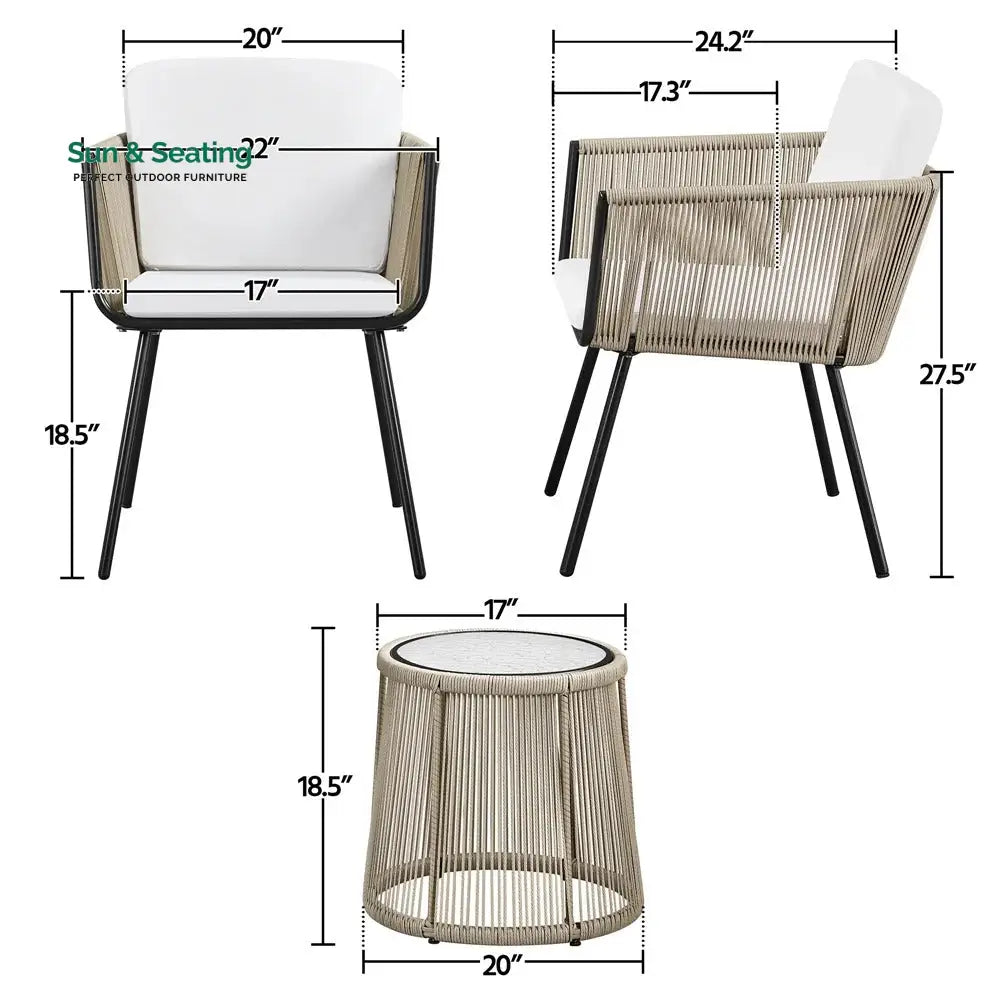Rapid Outdoor Patio Seating Set 2 Chairs and 1 Table Set (Cream) Braided &amp; Rope Coffee Table Sets