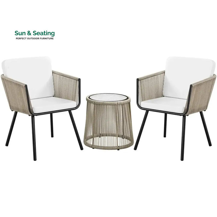 Rapid Outdoor Patio Seating Set 2 Chairs and 1 Table Set (Cream) Braided &amp; Rope Coffee Table Sets