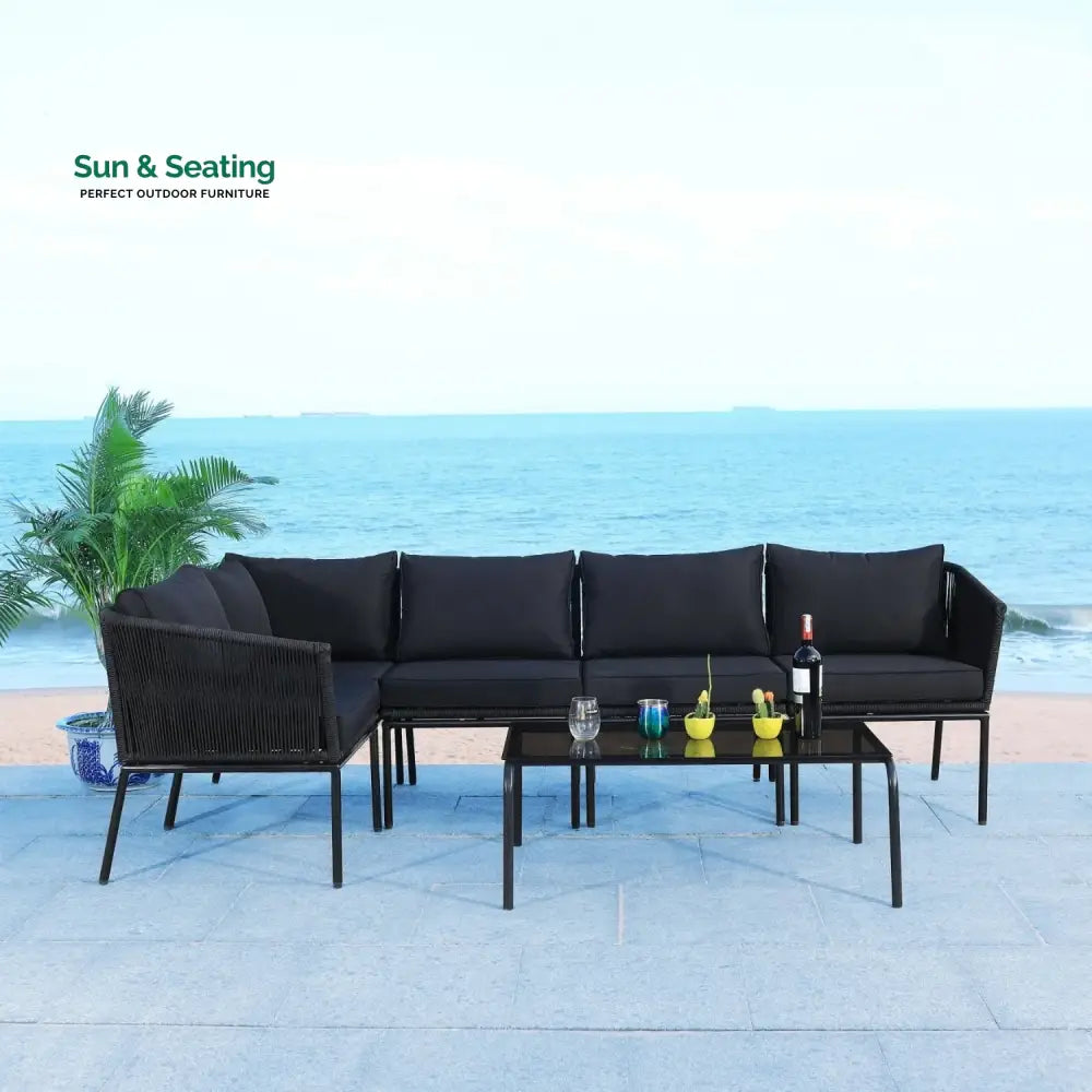 Rasha Outdoor Black Rope L-Shape All Weather Sectional Sofa Set Sofa Set