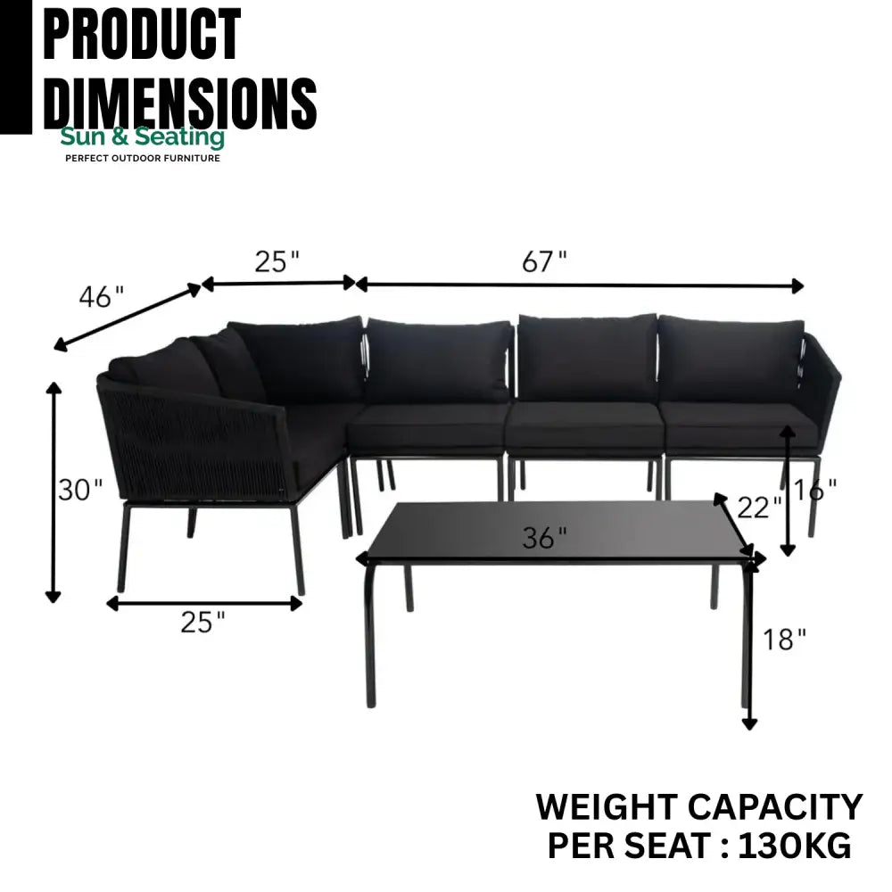 Rasha Outdoor Black Rope L-Shape All Weather Sectional Sofa Set Sofa Set
