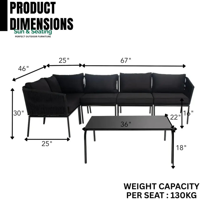 Rasha Outdoor Black Rope L-Shape All Weather Sectional Sofa Set Sofa Set
