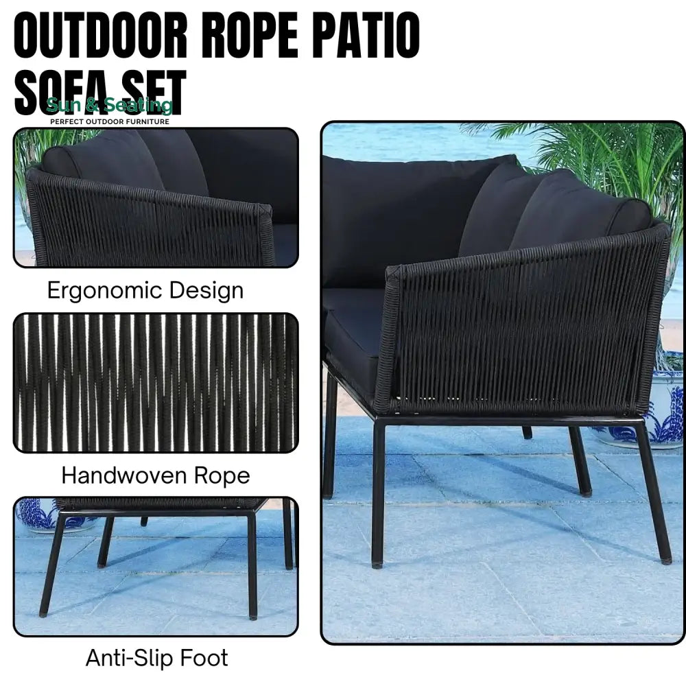 Rasha Outdoor Black Rope L-Shape All Weather Sectional Sofa Set Sofa Set