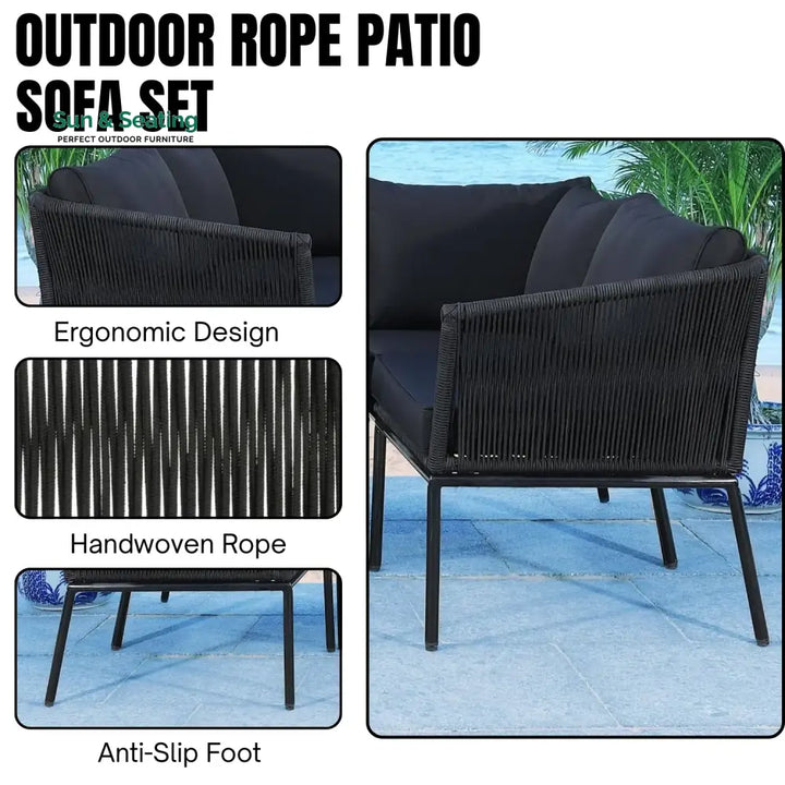 Rasha Outdoor Black Rope L-Shape All Weather Sectional Sofa Set Sofa Set