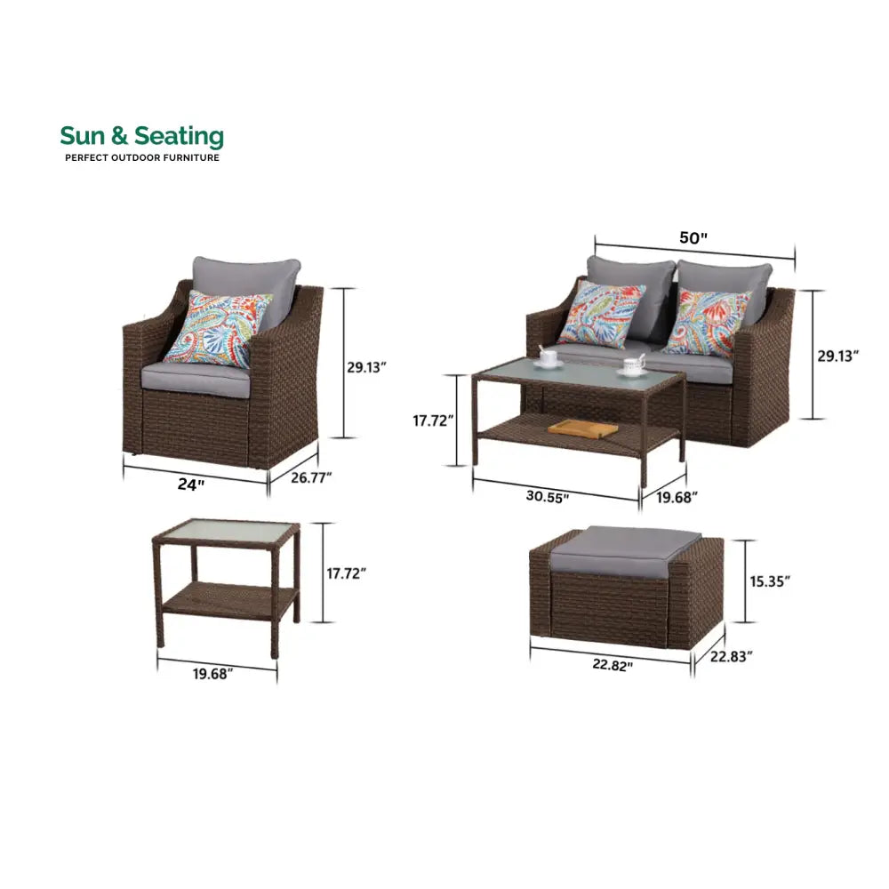 Ration Outdoor Garden Balcony Sofa Set 2 Seater 2 Single seater With 2 Ottoman and 1 Center Table 1 Side Table Set