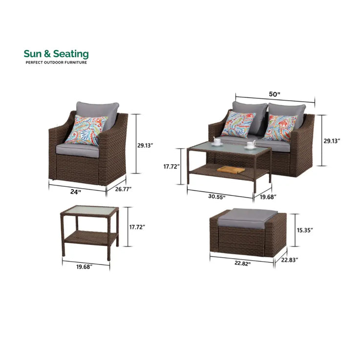 Ration Outdoor Garden Balcony Sofa Set 2 Seater 2 Single seater With 2 Ottoman and 1 Center Table 1 Side Table Set