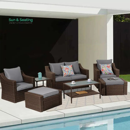 Ration Outdoor Garden Balcony Sofa Set 2 Seater 2 Single seater With 2 Ottoman and 1 Center Table 1 Side Table Set