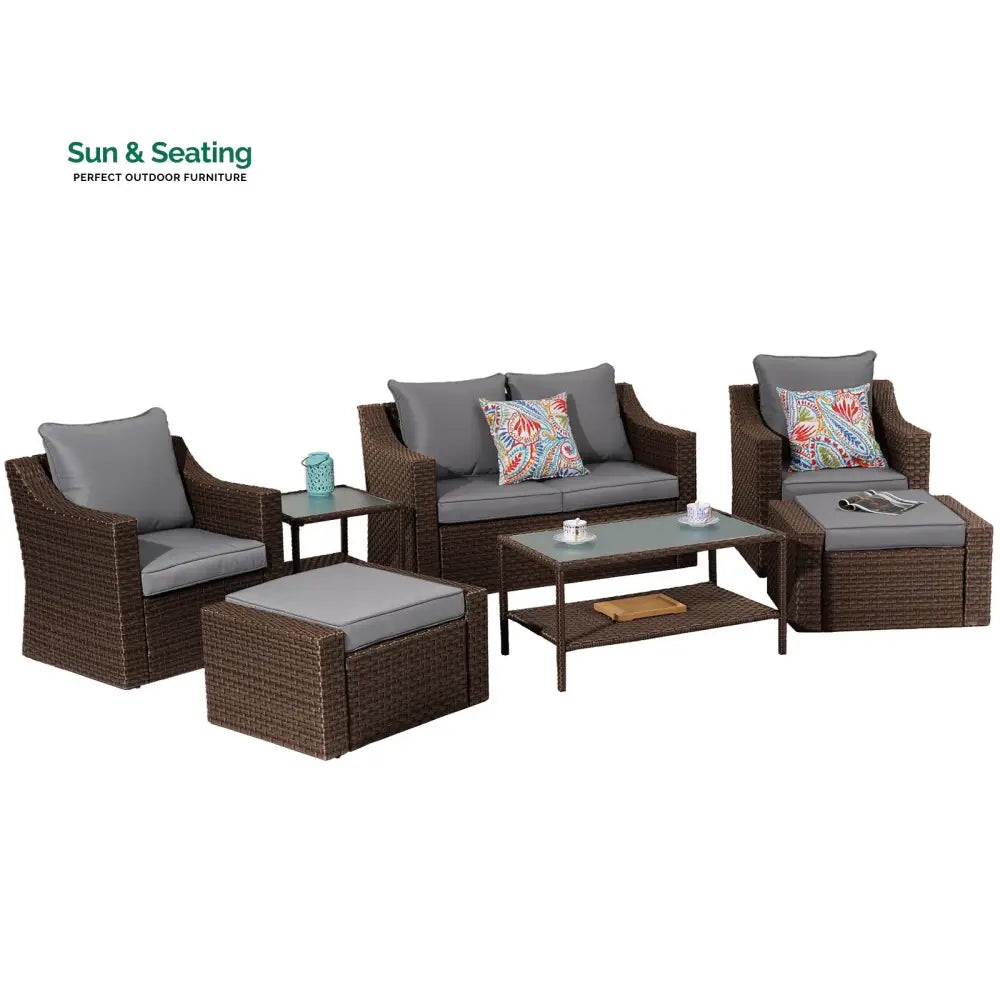 Ration Outdoor Garden Balcony Sofa Set 2 Seater 2 Single seater With 2 Ottoman and 1 Center Table 1 Side Table Set