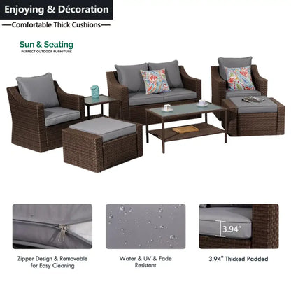 Ration Outdoor Garden Balcony Sofa Set 2 Seater 2 Single seater With 2 Ottoman and 1 Center Table 1 Side Table Set