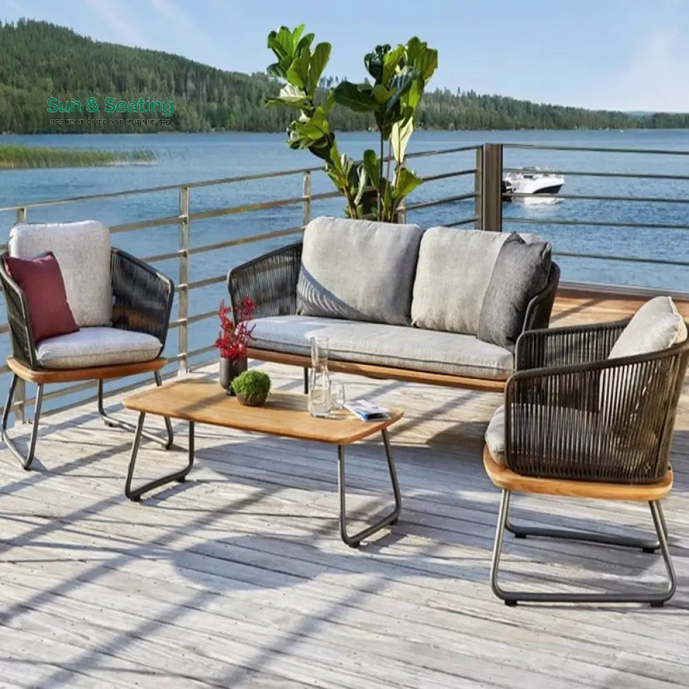 Reevo Outdoor Garden Balcony Sofa Set 2 Seater 2 Single Seater 1 Center Table Set (Dark Grey) Braided and Rope Sofa Sets