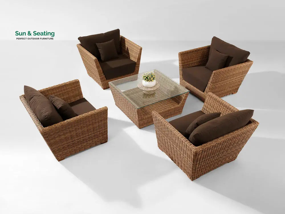 Reflin Outdoor Garden Balcony Sofa Set 2 Seater 2 Single Seater and 1 Center Table With 1 Side Table Set (Brown