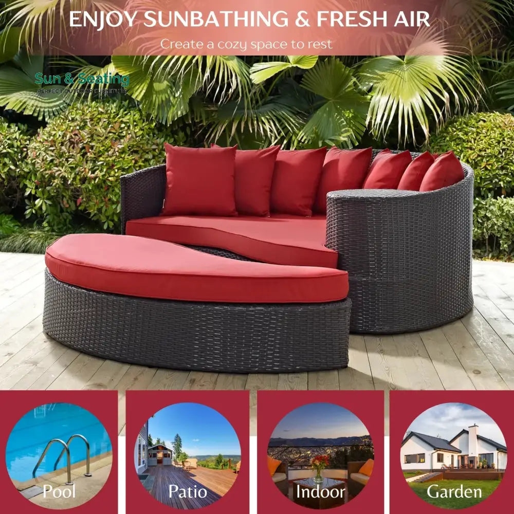Renate Outdoor Rattan Wicker Daybed (Dark Brown &amp; Red) Daybed