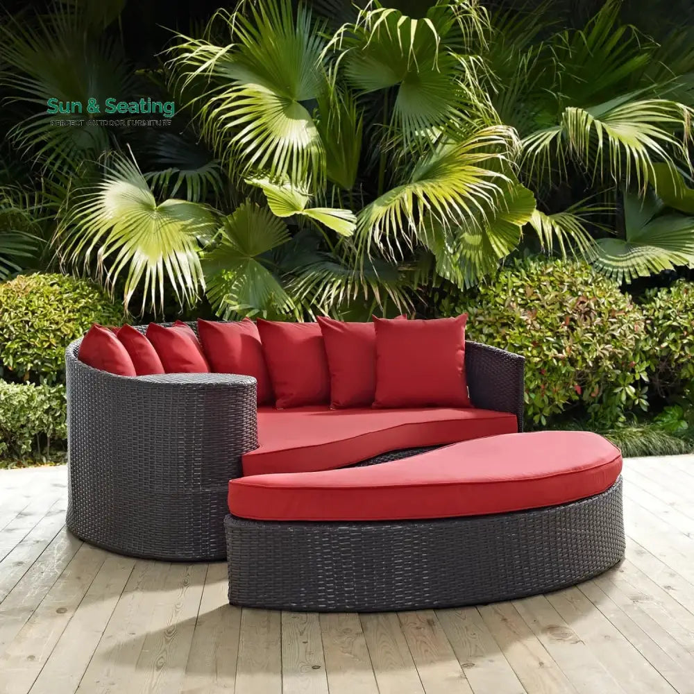 Renate Outdoor Rattan Wicker Daybed (Dark Brown & Red) Daybed