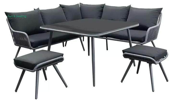 RETO Outdoor Sofa Set 5 Seater 2 ottoman and 1 Center Table Set (Black) Braided &amp; Rope Sofa Sets