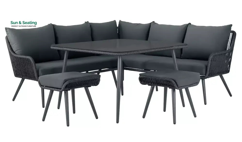 RETO Outdoor Sofa Set 5 Seater 2 ottoman and 1 Center Table Set (Black) Braided &amp; Rope Sofa Sets