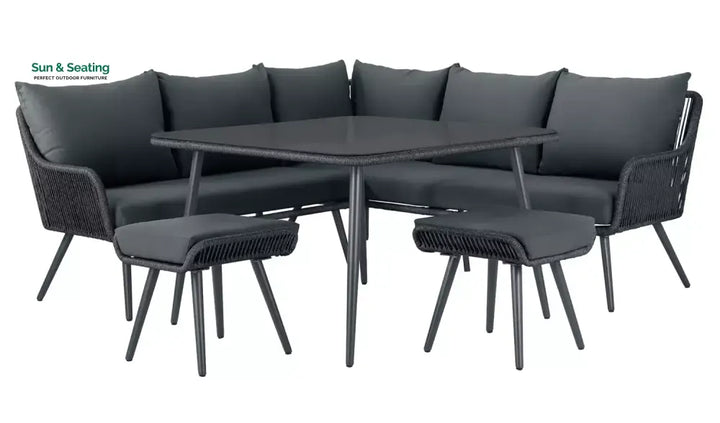 RETO Outdoor Sofa Set 5 Seater 2 ottoman and 1 Center Table Set (Black) Braided &amp; Rope Sofa Sets