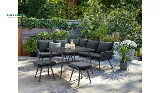 RETO Outdoor Sofa Set 5 Seater 2 ottoman and 1 Center Table Set (Black) Braided & Rope Sofa Sets