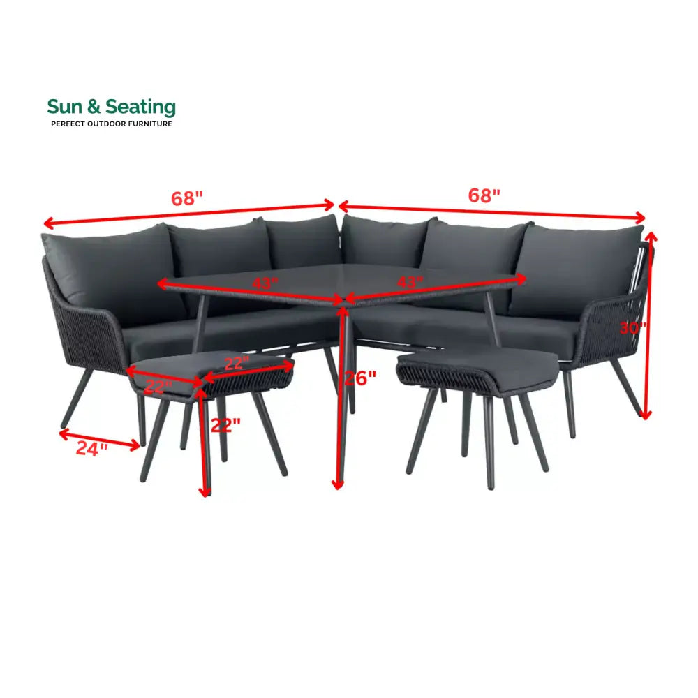 RETO Outdoor Sofa Set 5 Seater 2 ottoman and 1 Center Table Set (Black) Braided &amp; Rope Sofa Sets