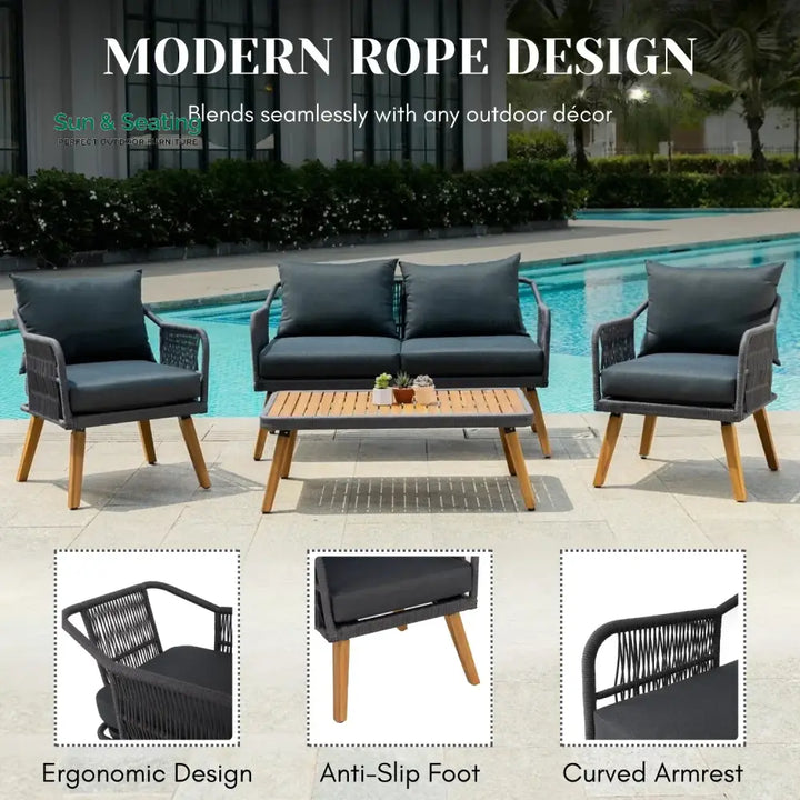 Riley 4-Piece Outdoor Rope Patio Furniture Set with Wood-Top Table Sofa Set