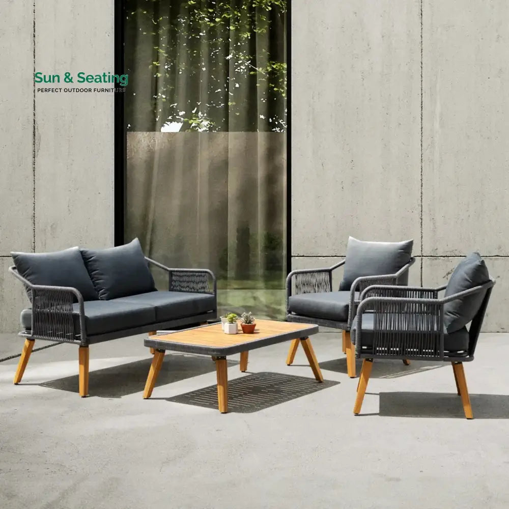 Riley 4-Piece Outdoor Rope Patio Furniture Set with Wood-Top Table Sofa Set