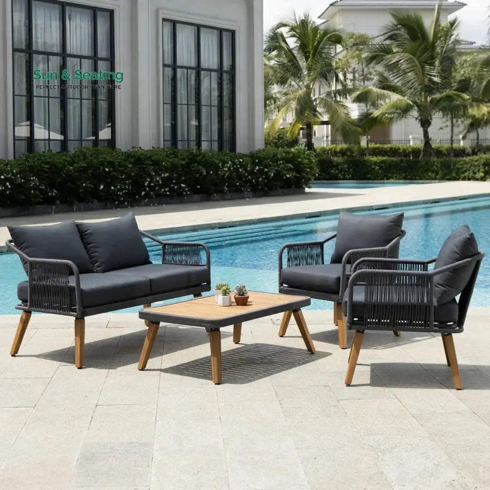 Riley 4-Piece Outdoor Rope Patio Furniture Set with Wood-Top Table Sofa Set