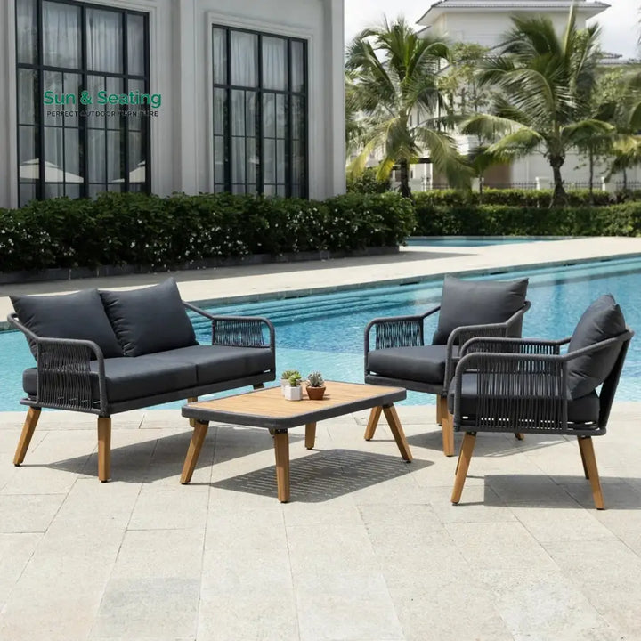 Riley 4-Piece Outdoor Rope Patio Furniture Set with Wood-Top Table Sofa Set