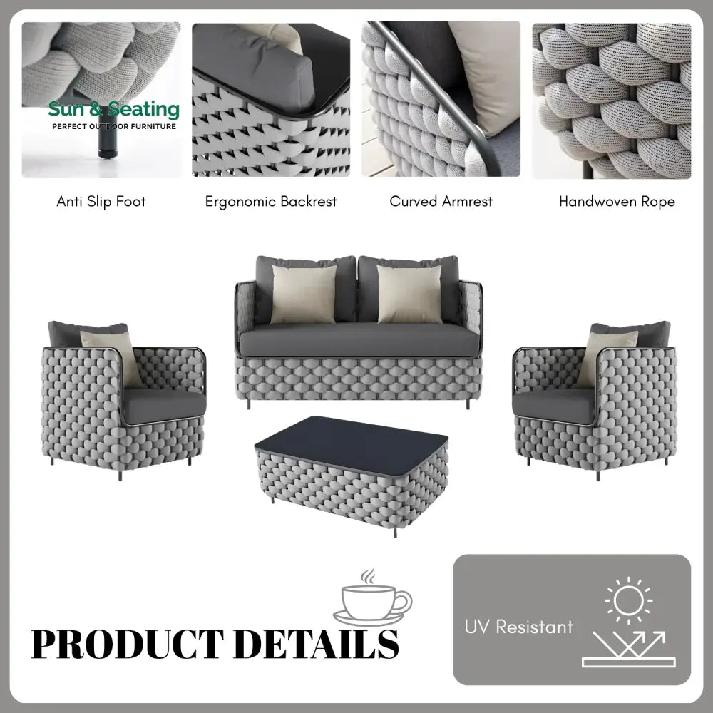 Rina 4 Piece Outdoor Rope Sofa Set with Glass Top Coffee Table (Light Grey &amp; Dark Grey) Sofa Set