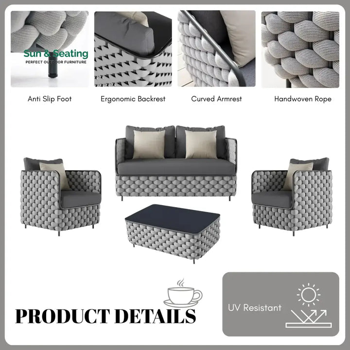 Rina 4 Piece Outdoor Rope Sofa Set with Glass Top Coffee Table (Light Grey &amp; Dark Grey) Sofa Set