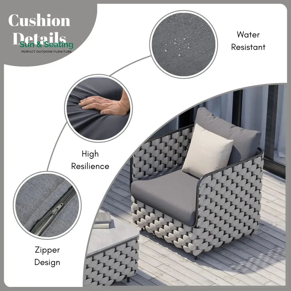 Rina 4 Piece Outdoor Rope Sofa Set with Glass Top Coffee Table (Light Grey &amp; Dark Grey) Sofa Set