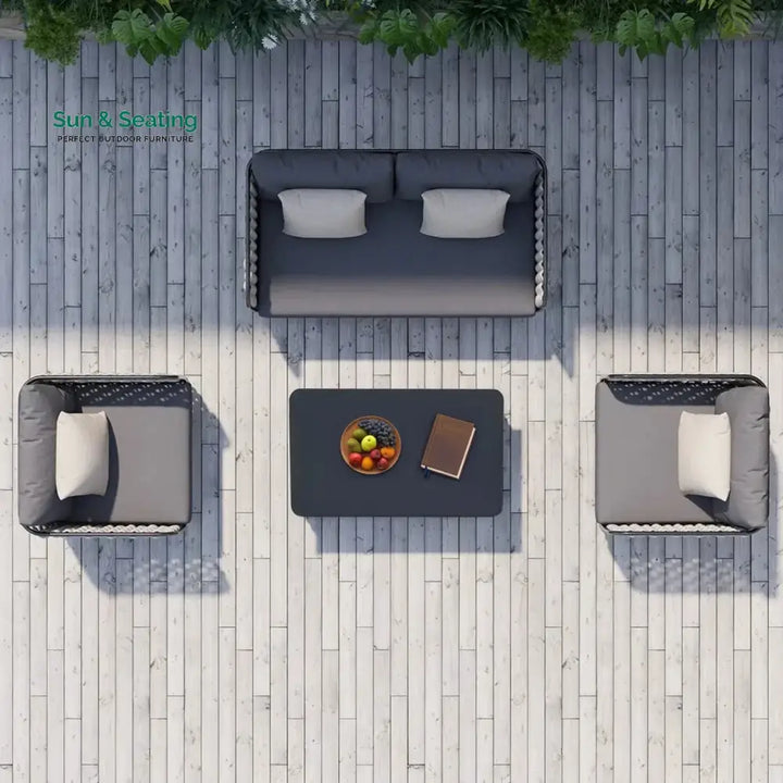 Rina 4 Piece Outdoor Rope Sofa Set with Glass Top Coffee Table (Light Grey &amp; Dark Grey) Sofa Set