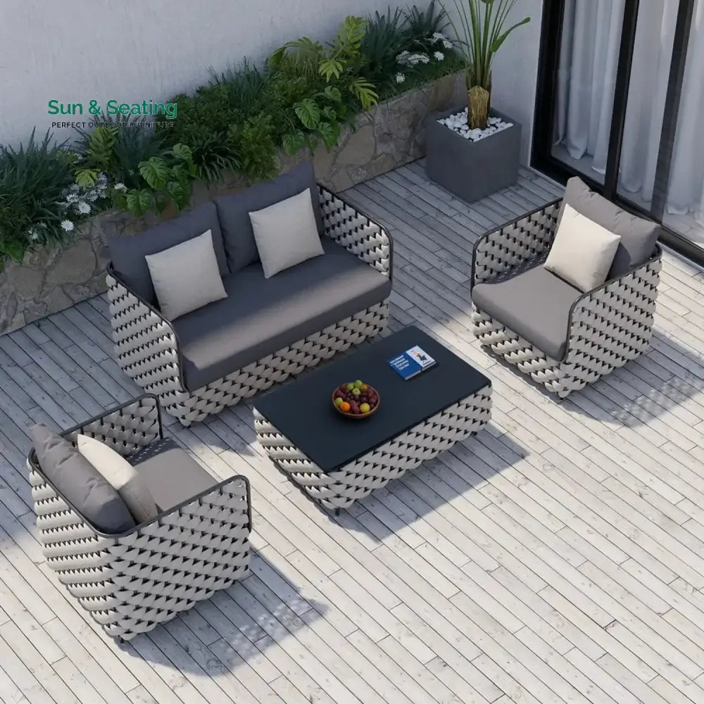 Rina 4 Piece Outdoor Rope Sofa Set with Glass Top Coffee Table (Light Grey & Dark Grey) Sofa Set
