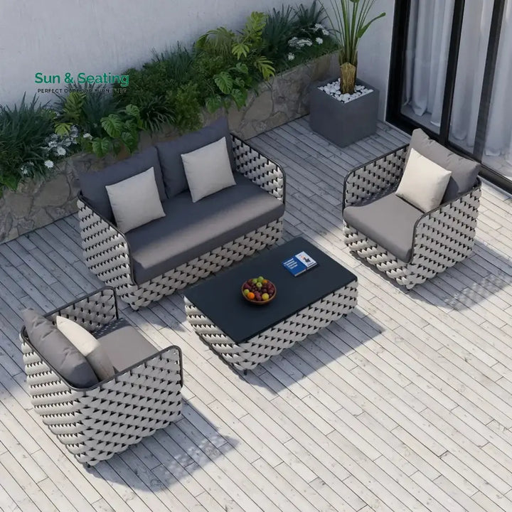 Rina 4 Piece Outdoor Rope Sofa Set with Glass Top Coffee Table (Light Grey &amp; Dark Grey) Sofa Set
